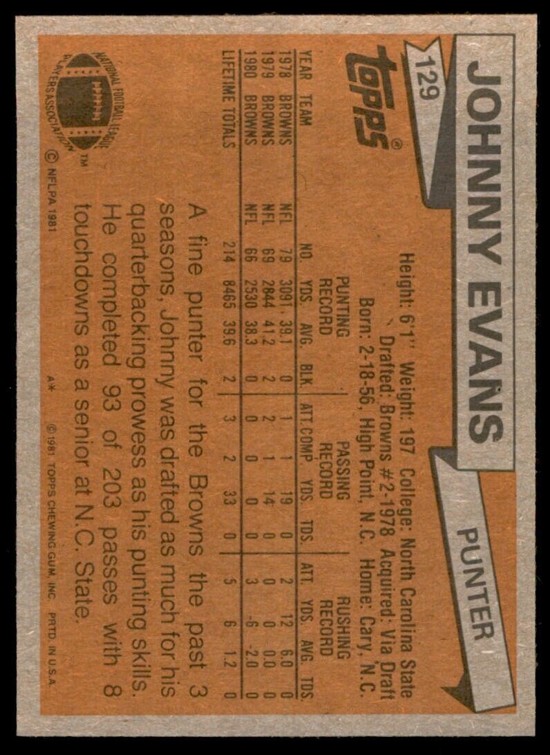 1981 TOPPS JOHNNY EVANS CLEVELAND BROWNS #129