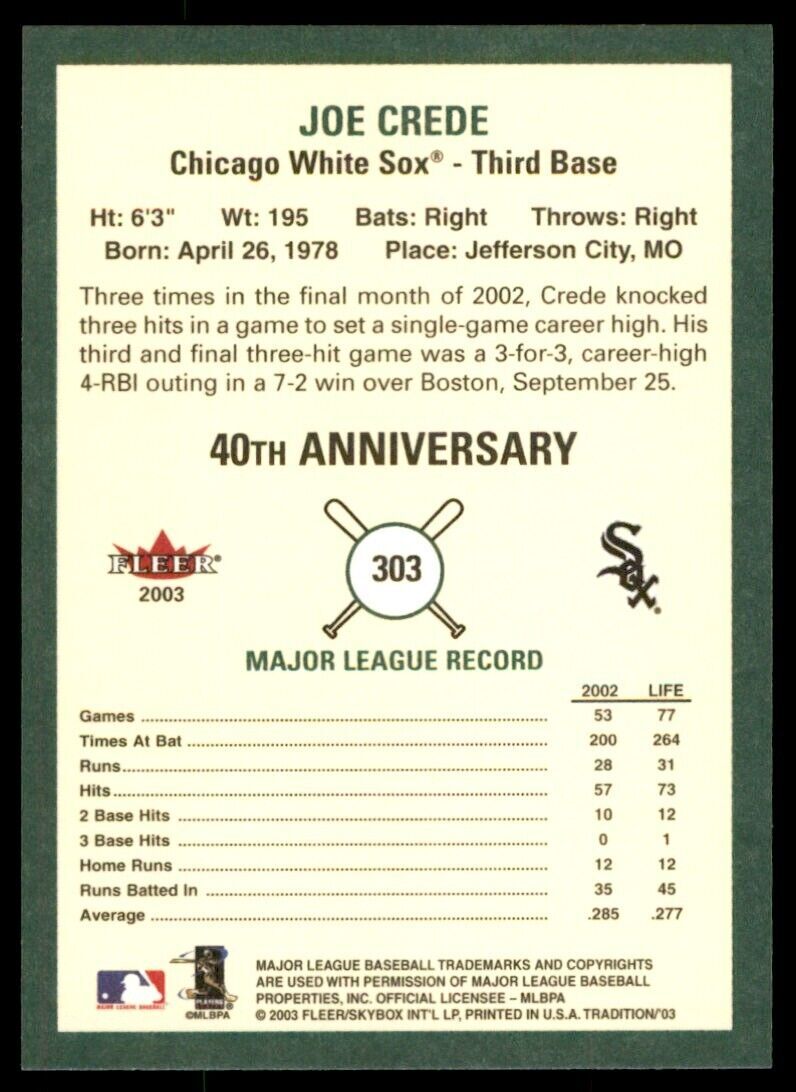 2003 Fleer Tradition Joe Crede Chicago White Sox #303