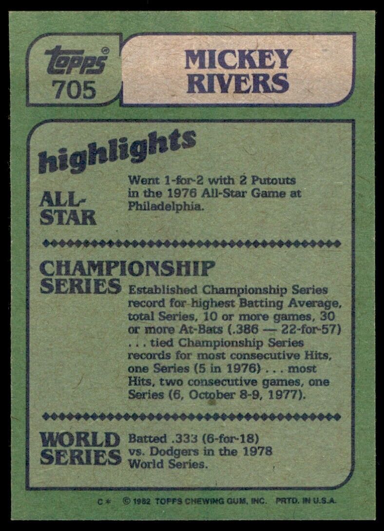 1982 TOPPS MICKEY RIVERS TEXAS RANGERS #705