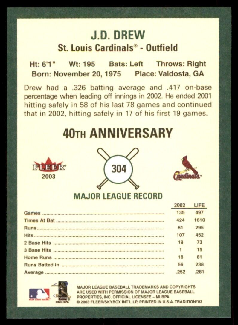2003 Fleer Tradition J.D. Drew St. Louis Cardinals #304