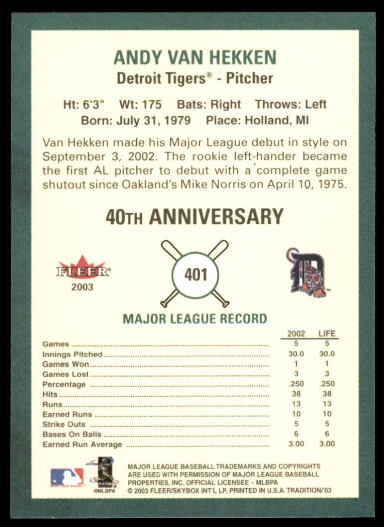 2003 Fleer Tradition Andy Van Hekken Detroit Tigers #401