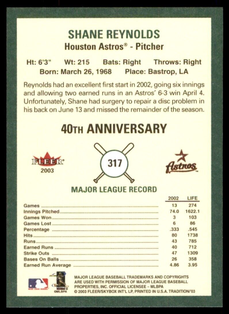 2003 Fleer Tradition Shane Reynolds Houston Astros #317