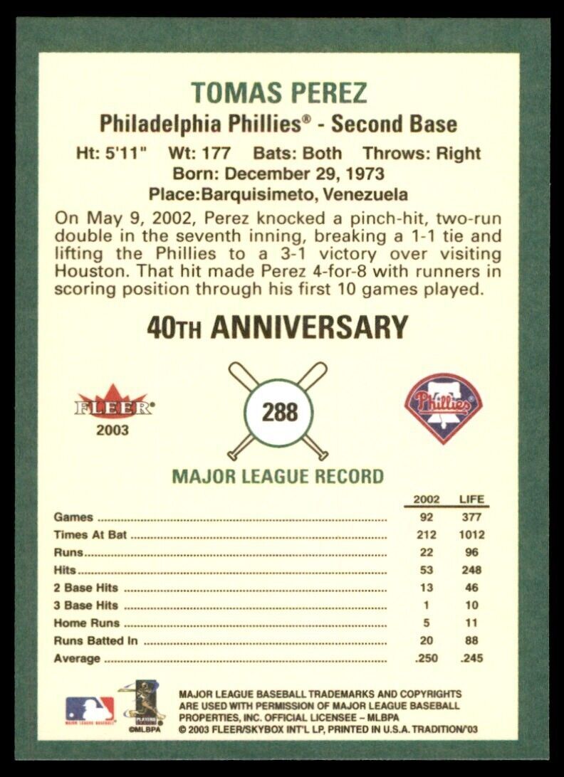 2003 Fleer Tradition Tomas Perez Philadelphia Phillies #288
