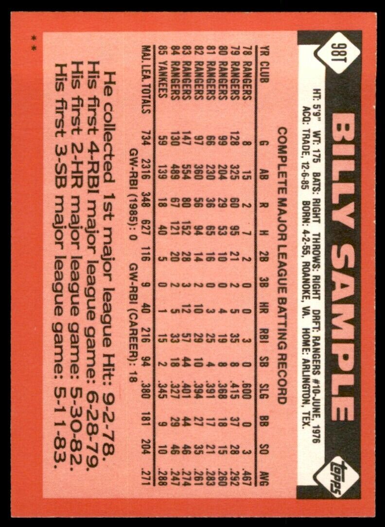 1986 TOPPS TRADED BILLY SAMPLE ATLANTA BRAVES #98T