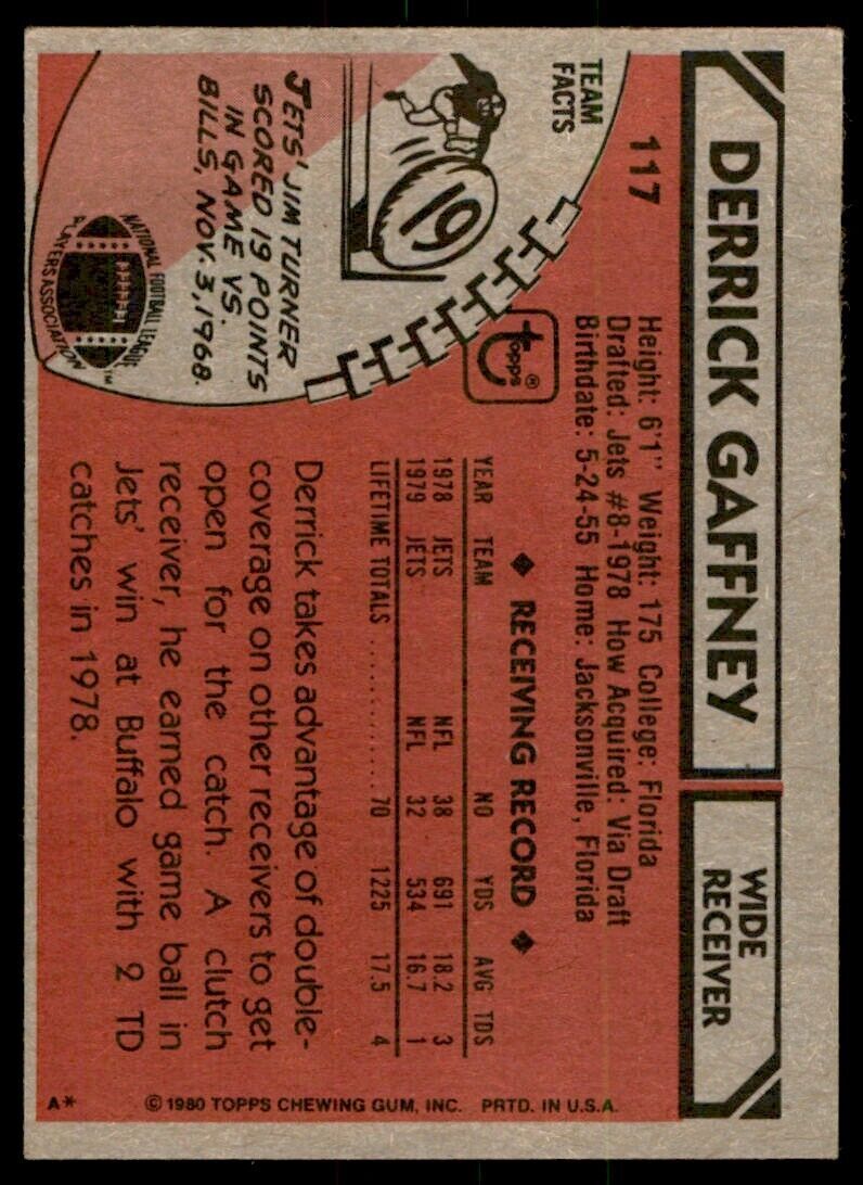 1980 TOPPS DERRICK GAFFNEY NEW YORK JETS #117