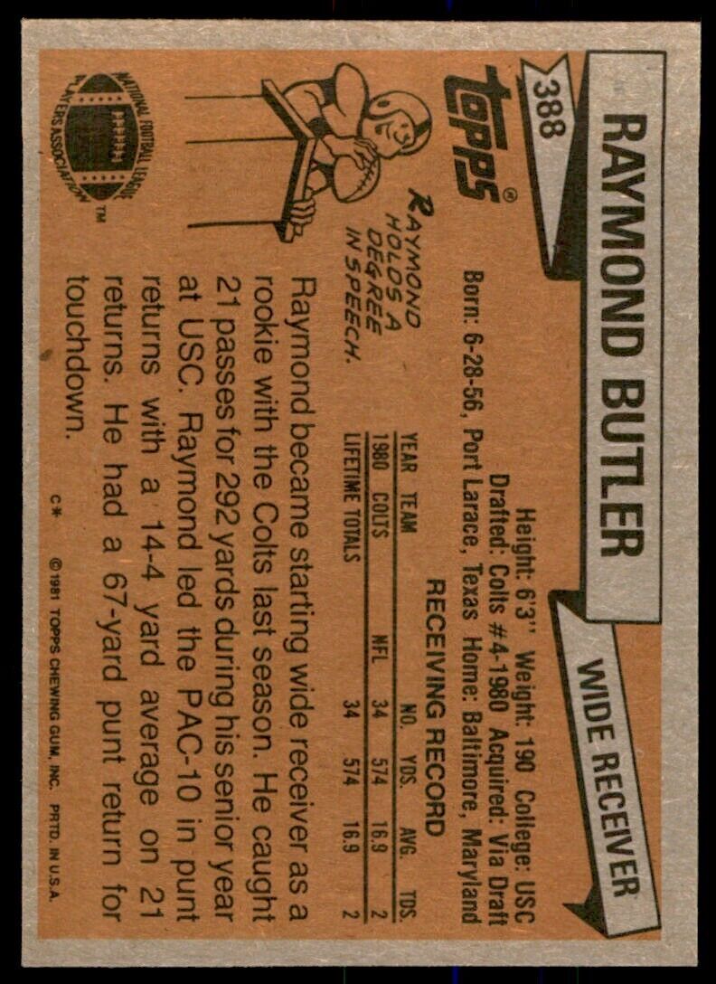 1981 TOPPS RAYMOND BUTLER ROOKIE BALTIMORE COLTS #388