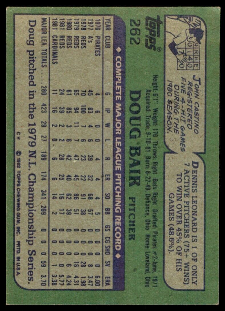 1982 TOPPS DOUG BAIR ST. LOUIS CARDINALS #262
