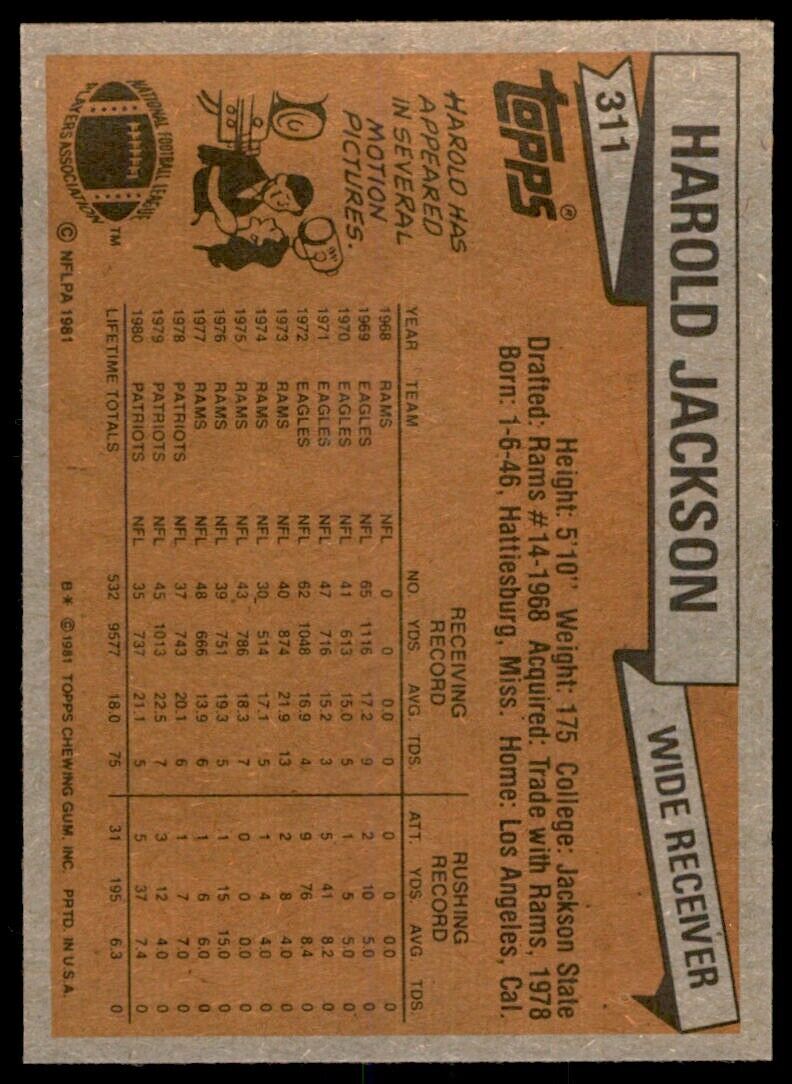 1981 TOPPS HAROLD JACKSON NEW ENGLAND PATRIOTS #311