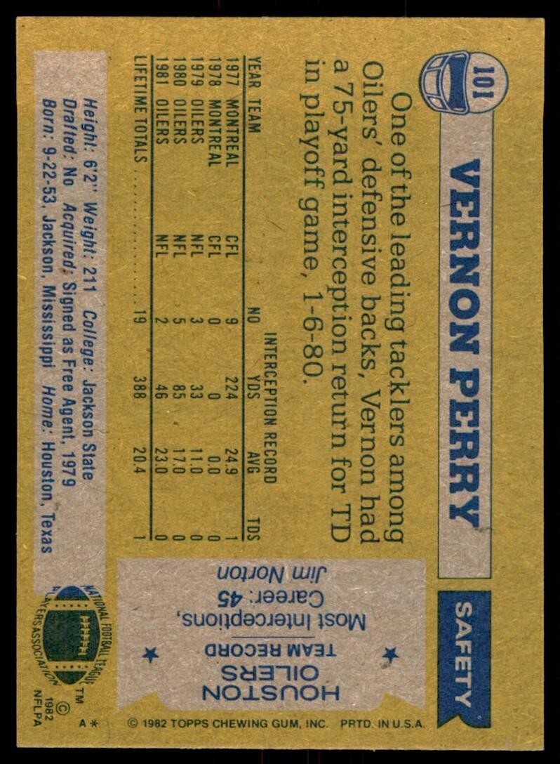 1982 TOPPS VERNON PERRY HOUSTON OILERS #101