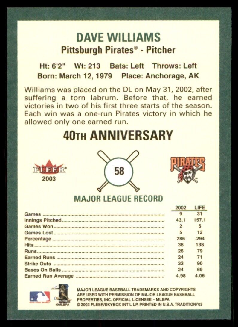 2003 Fleer Tradition Dave Williams Pittsburgh Pirates #58