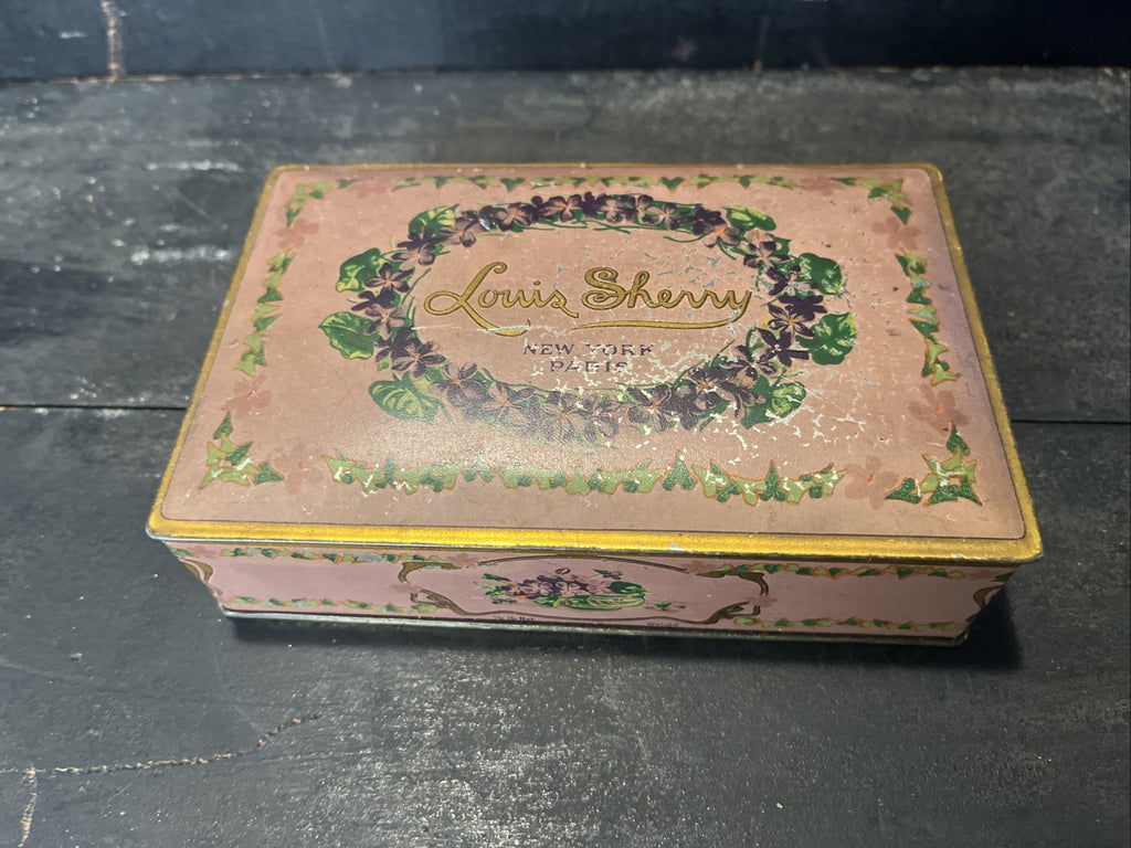 Vintage 1920 Canco Louis Sherry New York Pink Purple Floral 1/2lb Chocolate Tin