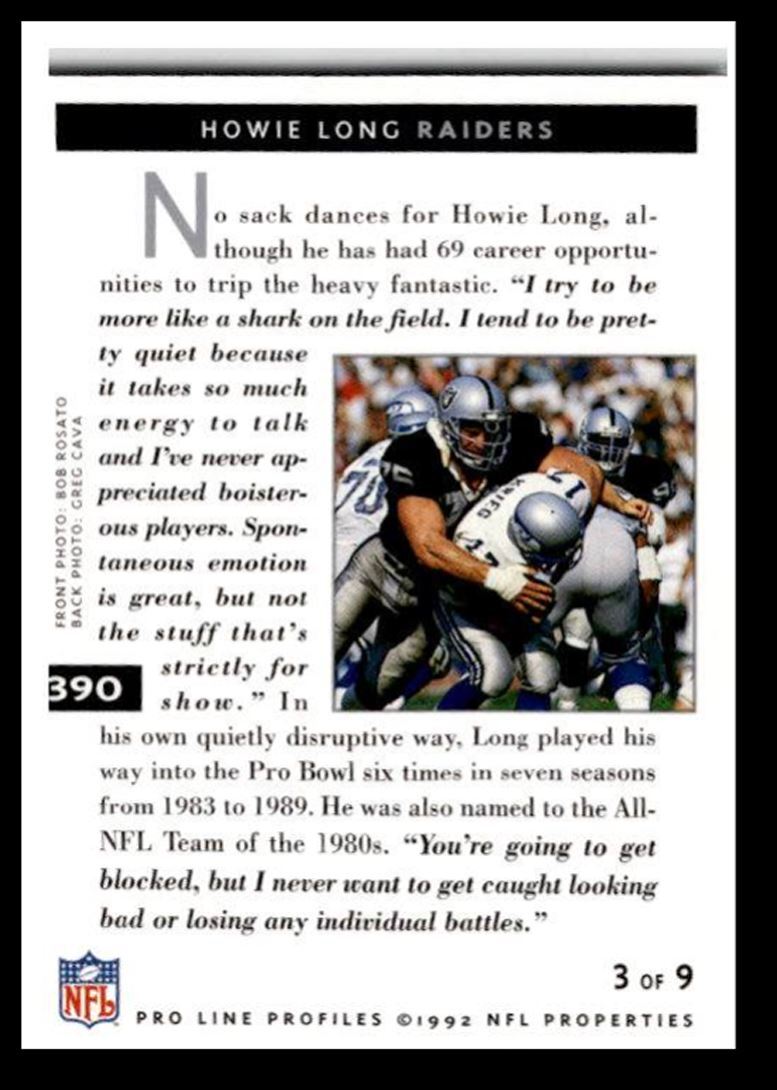 1992 Pro Line Profiles Howie Long , Los Angeles Raiders #390