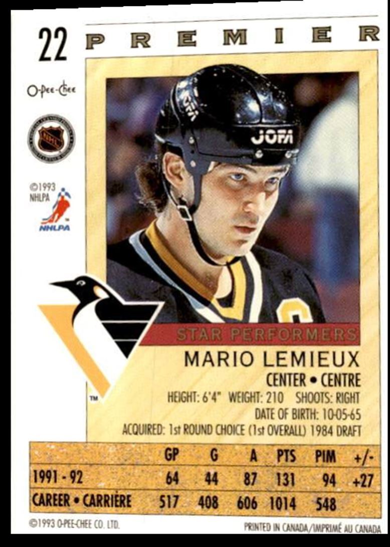 1992-93 O-Pee-Chee Premier Mario Lemieux Pittsburgh Penguins #22