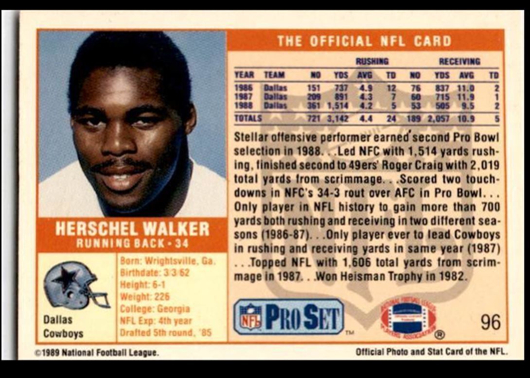 1989 Pro Set Herschel Walker .. Dallas Cowboys #96