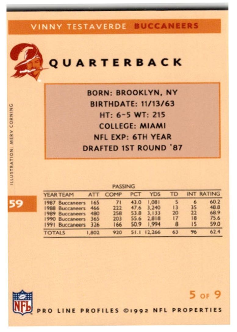 1992 Pro Line Profiles Vinny Testaverde Tampa Bay Buccaneers #55