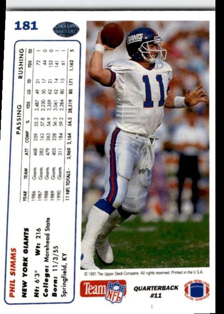 1991 Upper Deck Phil Simms . New York Giants #181