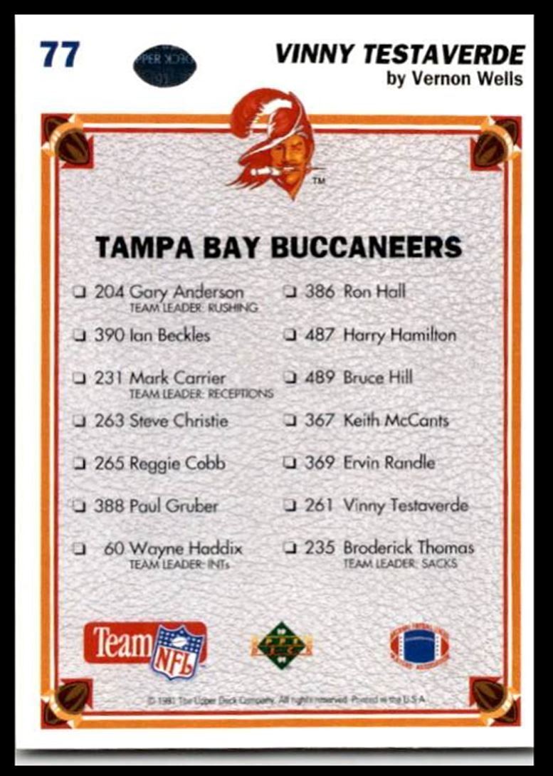 1991 Upper Deck Vinny Testaverde Tampa Bay Buccaneers #77