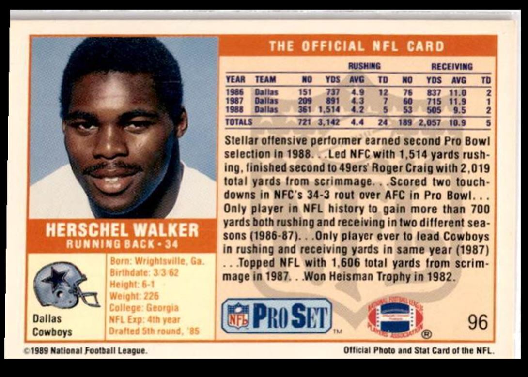 1989 Pro Set Herschel Walker . Dallas Cowboys #96