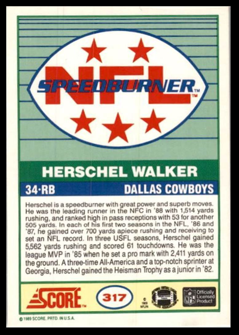 1989 Score Herschel Walker Dallas Cowboys #317
