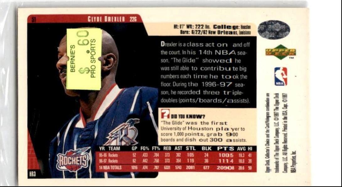 1997-98 Collector's Choice Clyde Drexler hof Houston Rockets #51