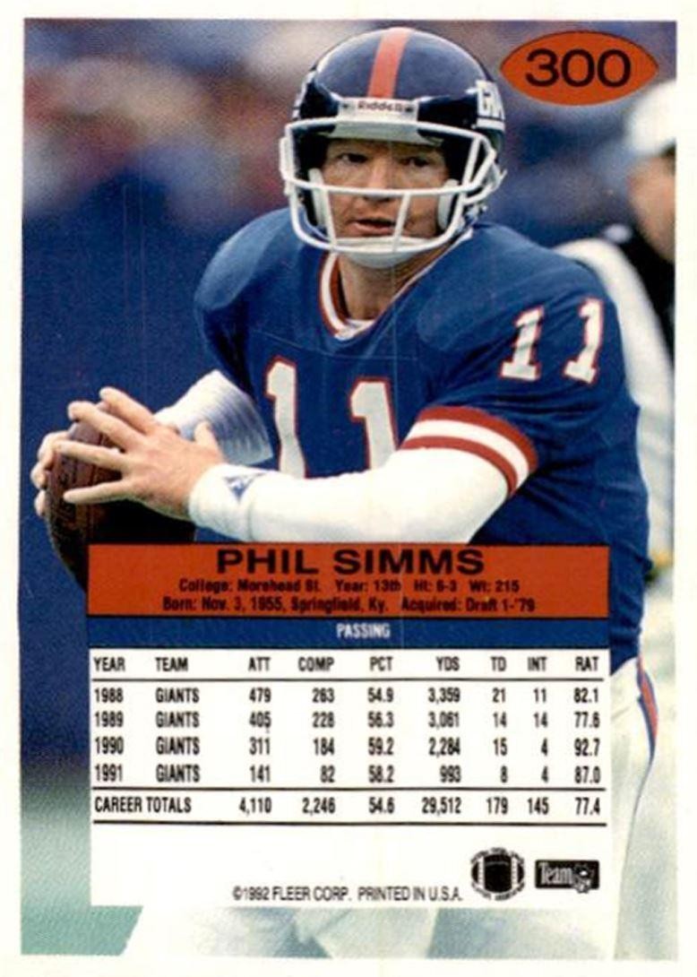 1992 Fleer Phil Simms New York Giants #300