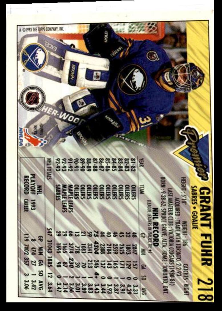 1993-94 O-Pee-Chee Premier Grant Fuhr Buffalo Sabres #218