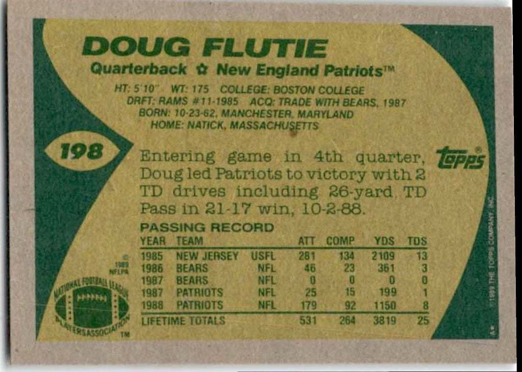 1989 Topps Doug Flutie . New England Patriots #198