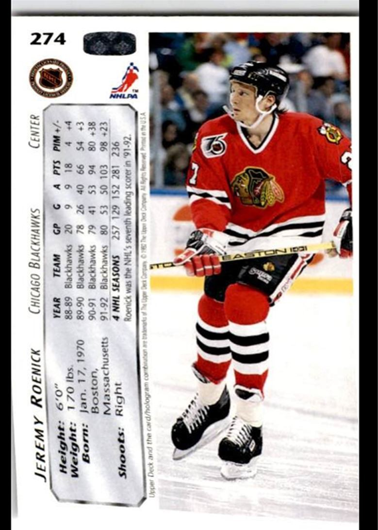 1992-93 Upper Deck Jeremy Roenick a Chicago Blackhawks #274