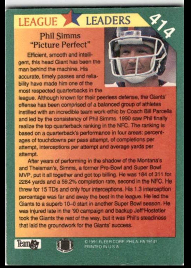 1991 Fleer Phil Simms New York Giants #414