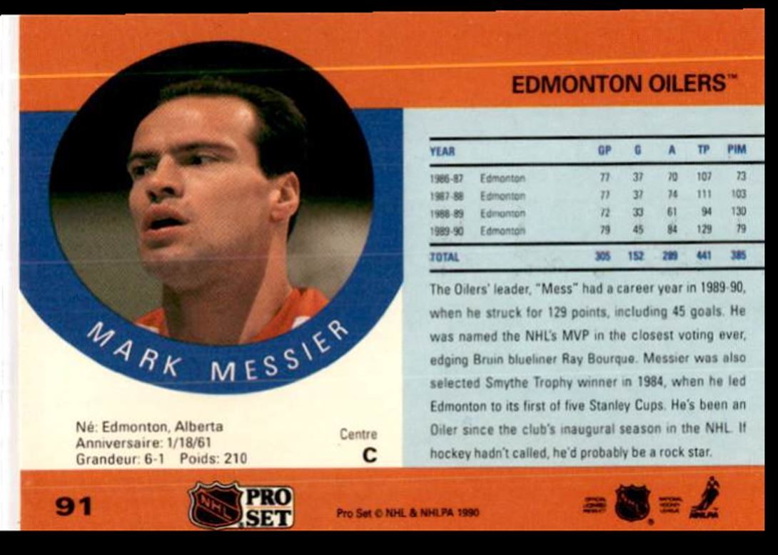 1990-91 Pro Set Mark Messier hof Edmonton Oilers #91