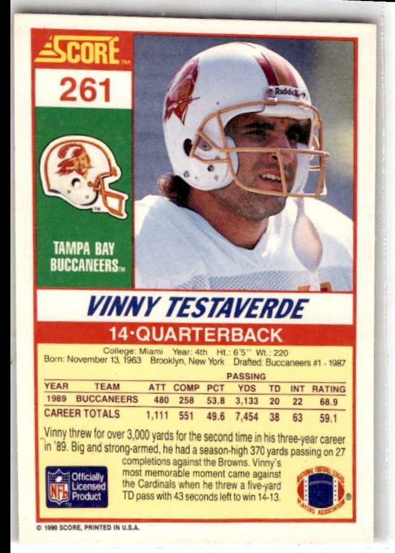 1990 Score Vinny Testaverde Tampa Bay Buccaneers #261
