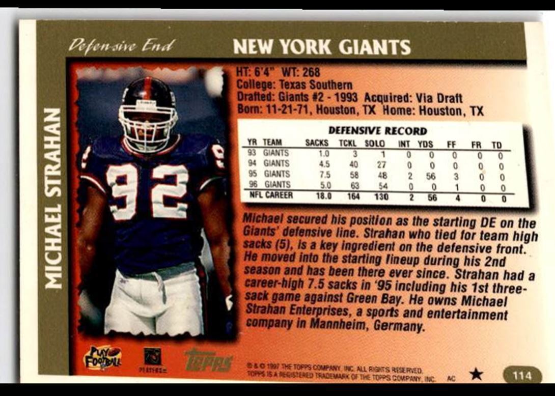 1997 Topps Michael Strahan New York Giants #114