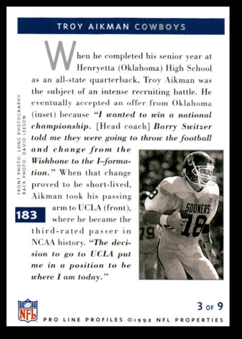 1992 Pro Line Profiles Troy Aikman ~ Dallas Cowboys #183