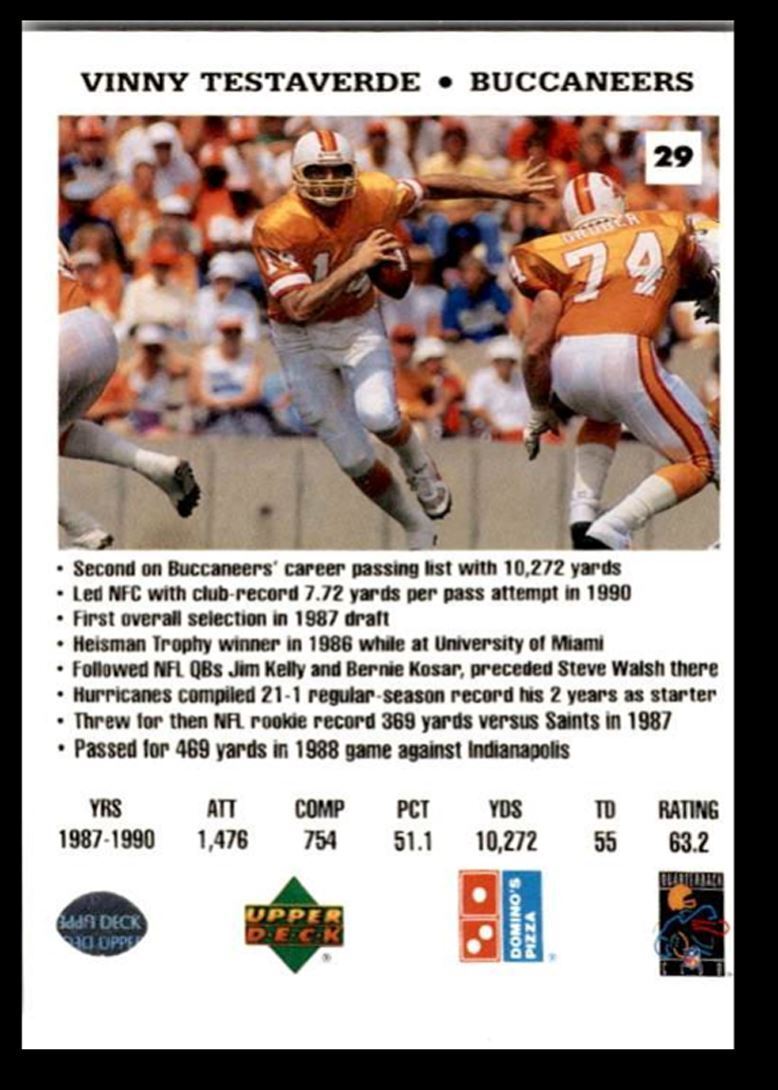 1991 Domino's The Quarterbacks Vinny Testaverde Tampa Bay Buccaneers #29