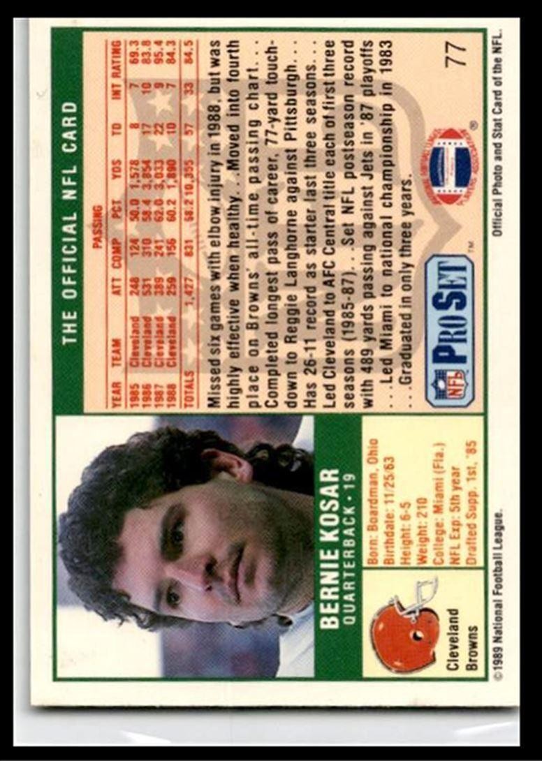 1989 Pro Set Bernie Kosar , Cleveland Browns #77