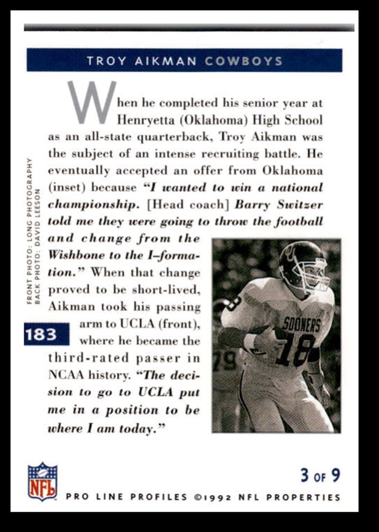 1992 Pro Line Profiles Troy Aikman ,, Dallas Cowboys #183