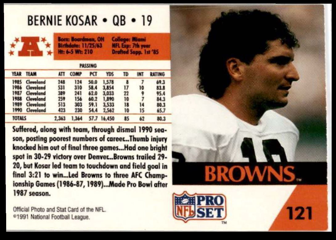 1991 Pro Set Bernie Kosar Cleveland Browns #121