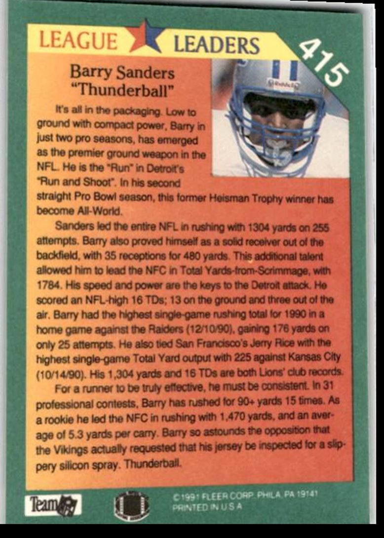 1991 Fleer Barry Sanders , Detroit Lions #415