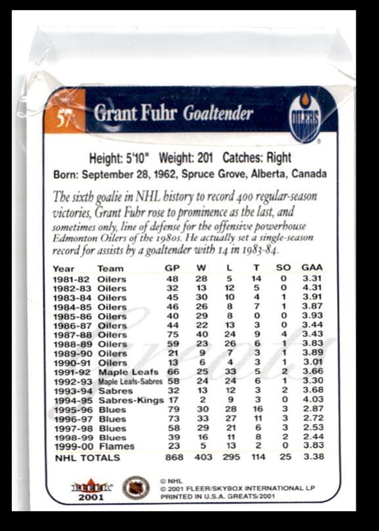 2001-02 Fleer Grant Fuhr Goalie Edmonton Oilers #57