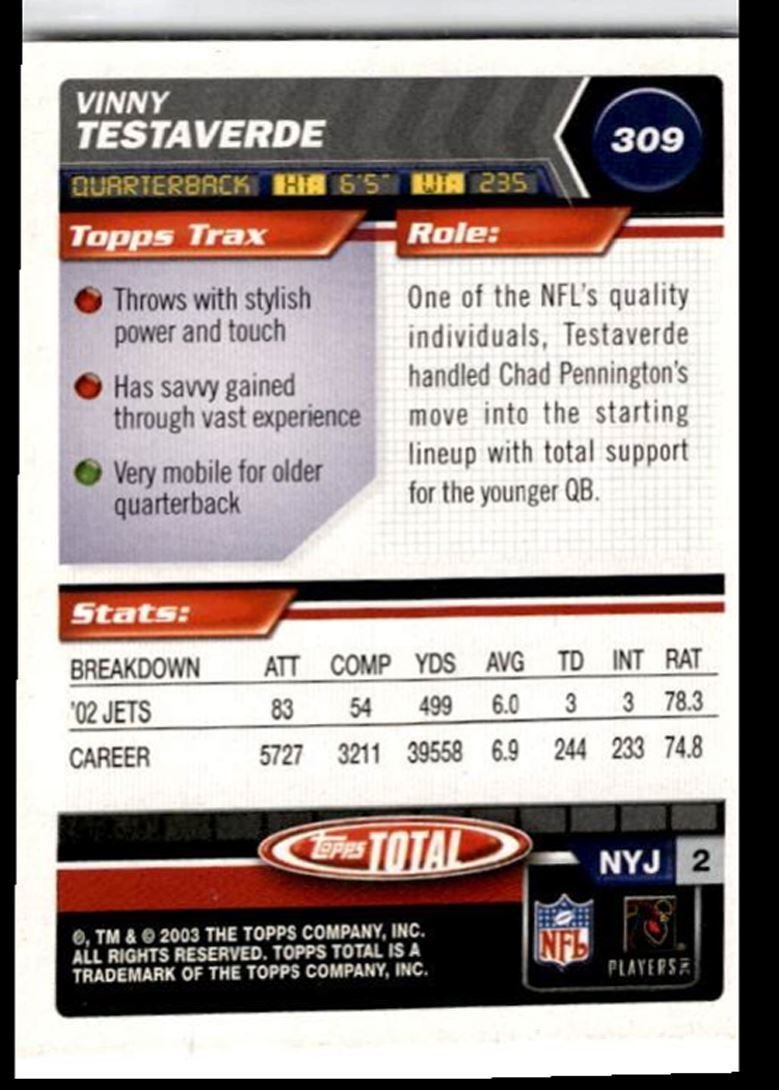 2003 Topps Total Vinny Testaverde New York Jets #309