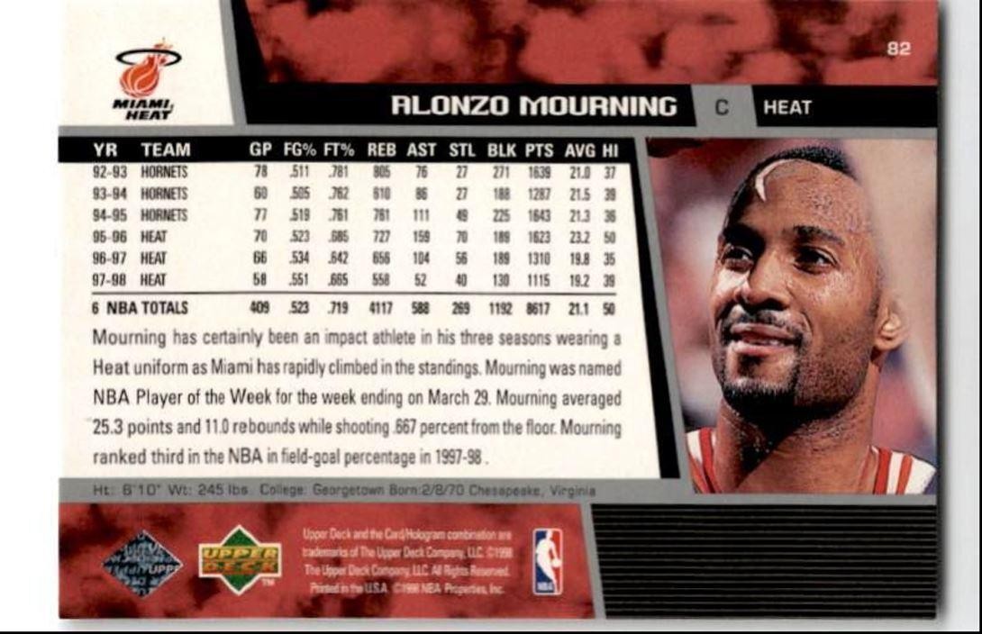 1998-99 Upper Deck Alonzo Mourning Miami Heat #82
