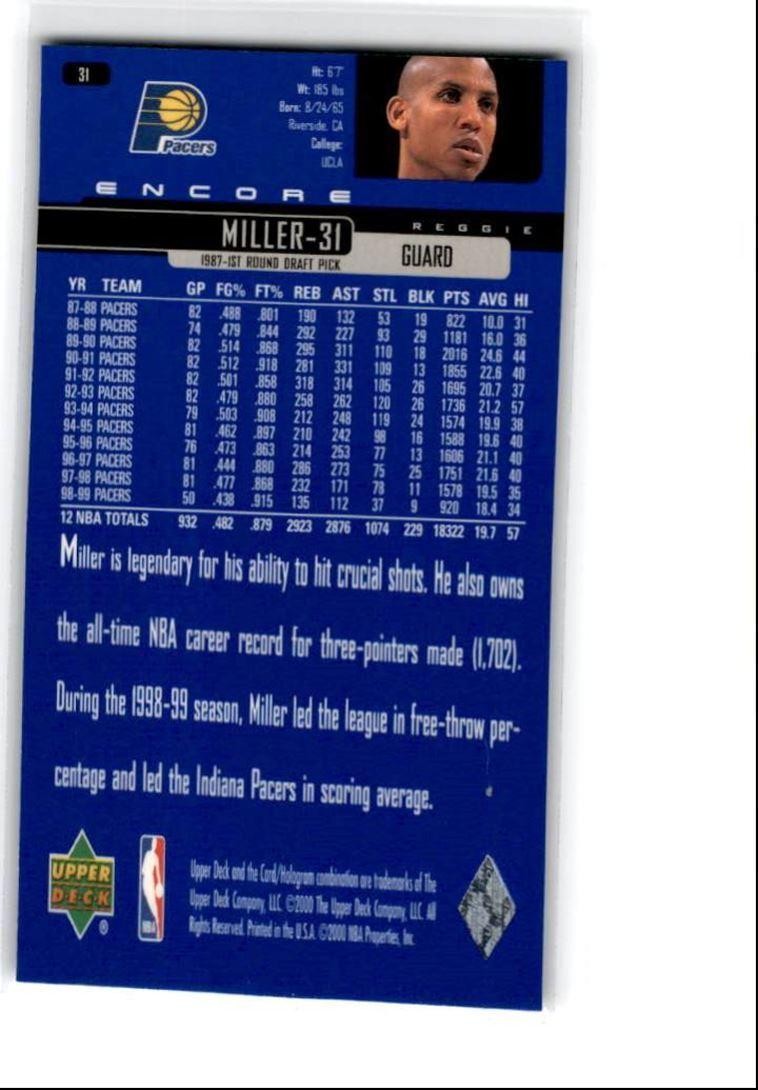 1999-00 Upper Deck Encore Reggie Miller Indiana Pacers #31