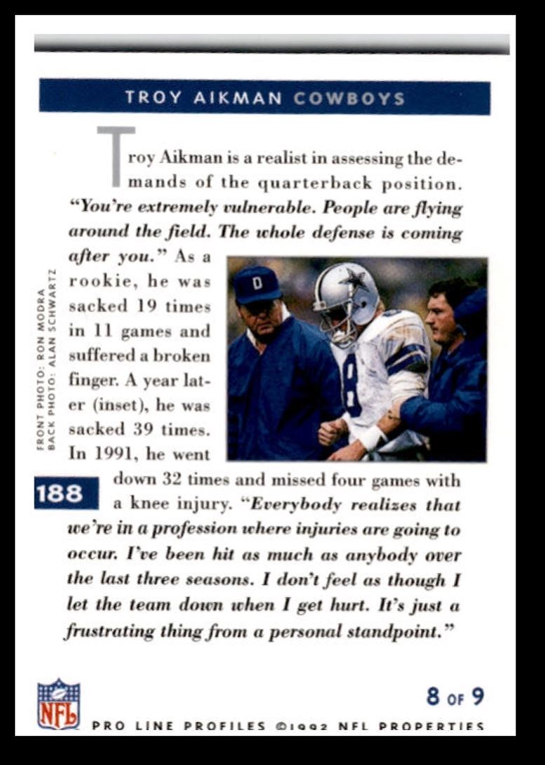 1992 Pro Line Profiles Troy Aikman , Dallas Cowboys #188