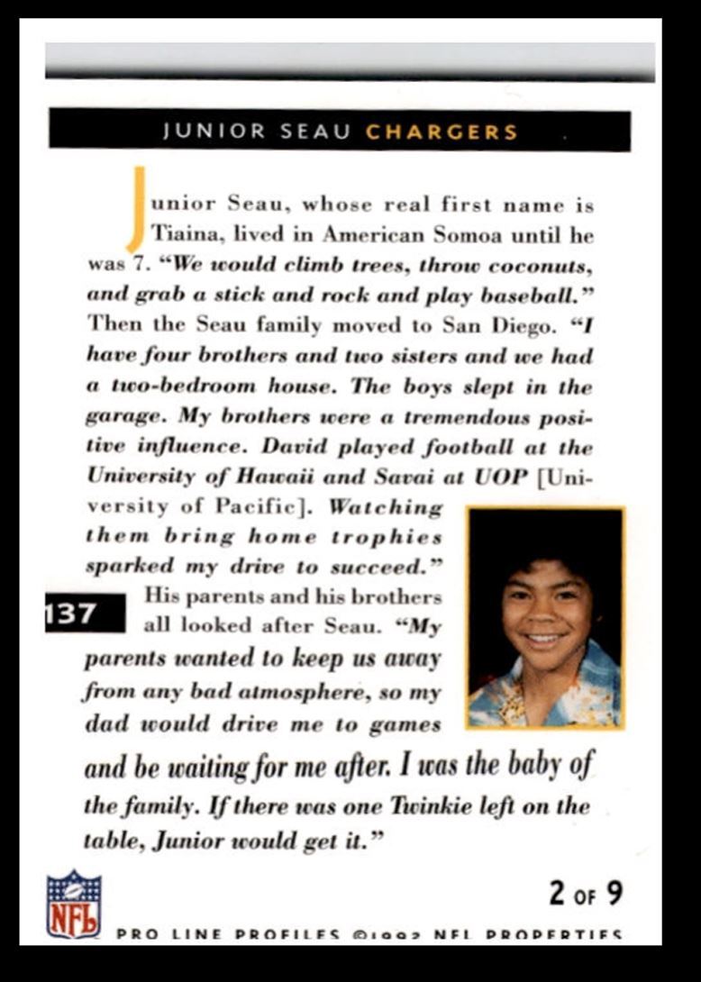 1992 Pro Line Profiles Junior Seau , San Diego Chargers #137