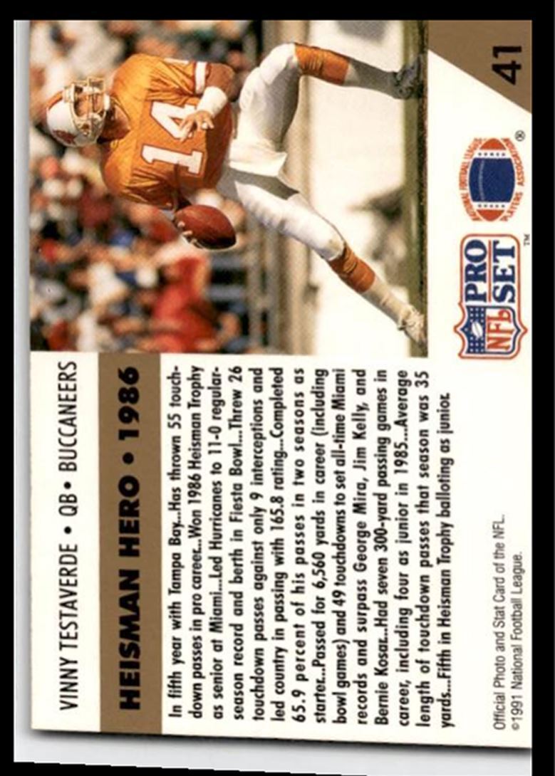 1991 Pro Set Vinny Testaverde Miami Hurricanes/Tampa Bay Buccaneers #41