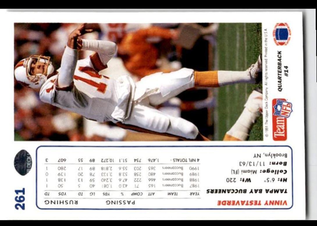 1991 Upper Deck Vinny Testaverde .. Tampa Bay Buccaneers #261