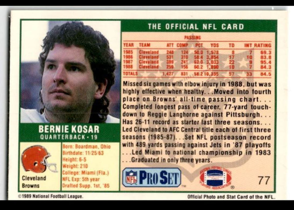 1989 Pro Set Bernie Kosar .. Cleveland Browns #77