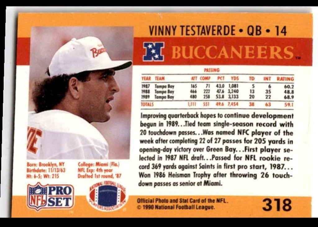 1990 Pro Set Vinny Testaverde ^ Tampa Bay Buccaneers #318