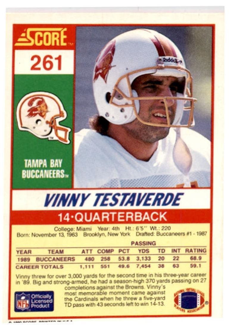 1990 Score Vinny Testaverde ,, Tampa Bay Buccaneers #261