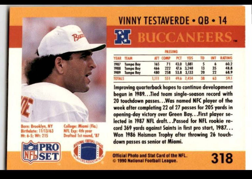 1990 Pro Set Vinny Testaverde Tampa Bay Buccaneers #318